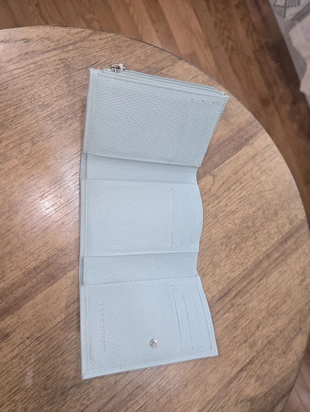 Longchamp Light Blue Pebbled Leather Zip Card Wallet
